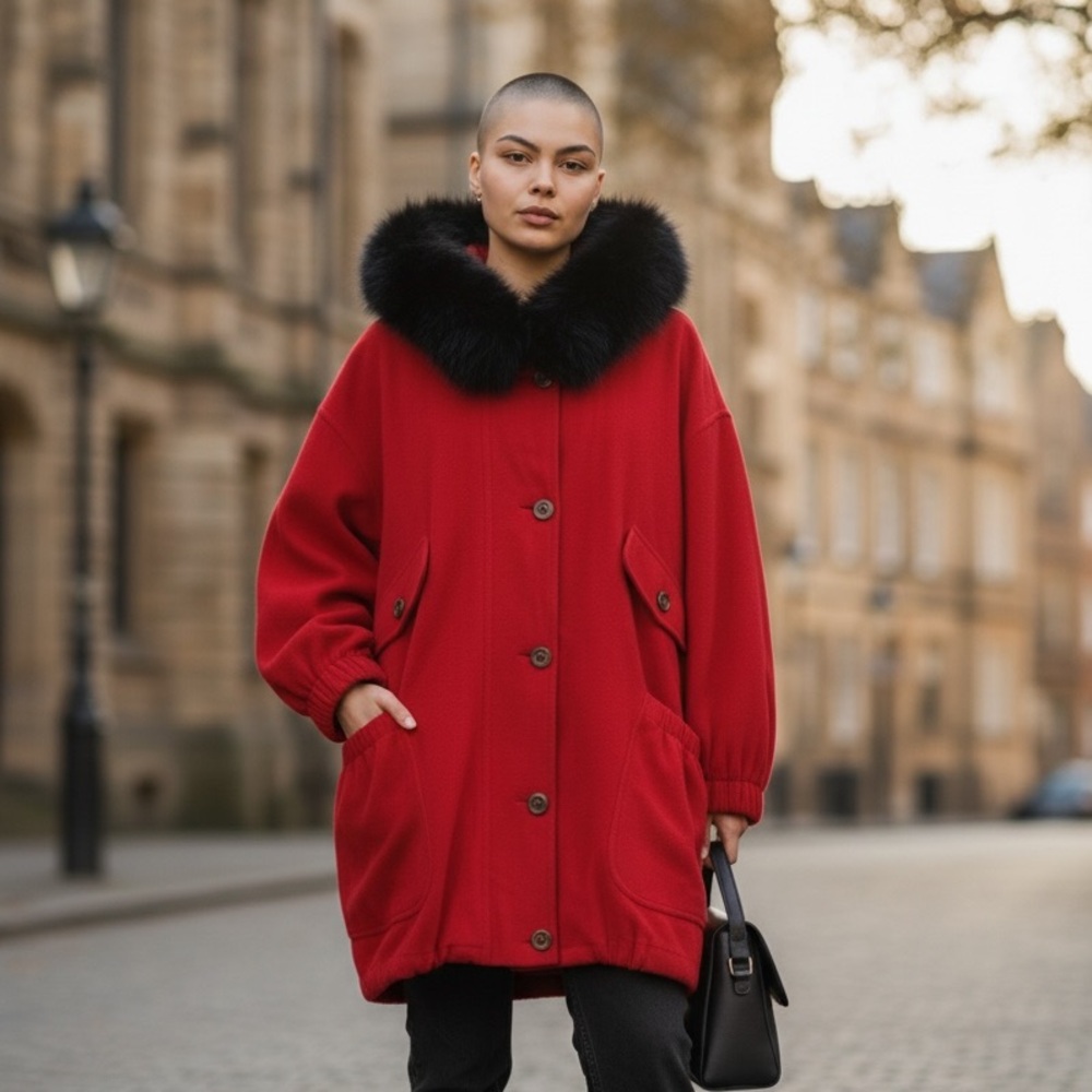 90s JONES DESIGNS WOOL RED FOX FUR TRIMED HOOD  UTILITY COAT WARM LUXURY SZ 10